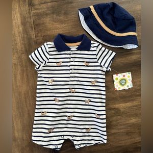 Little Me Boys Romper With Matching Bucket Hat. Size 3 Months